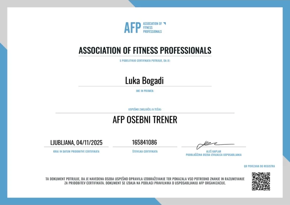 Certifikat AFP osebni trener na ime Luka Bogadi, Association of Fitness Professionals, številka 165841086, Ljubljana, 4. 11. 2025